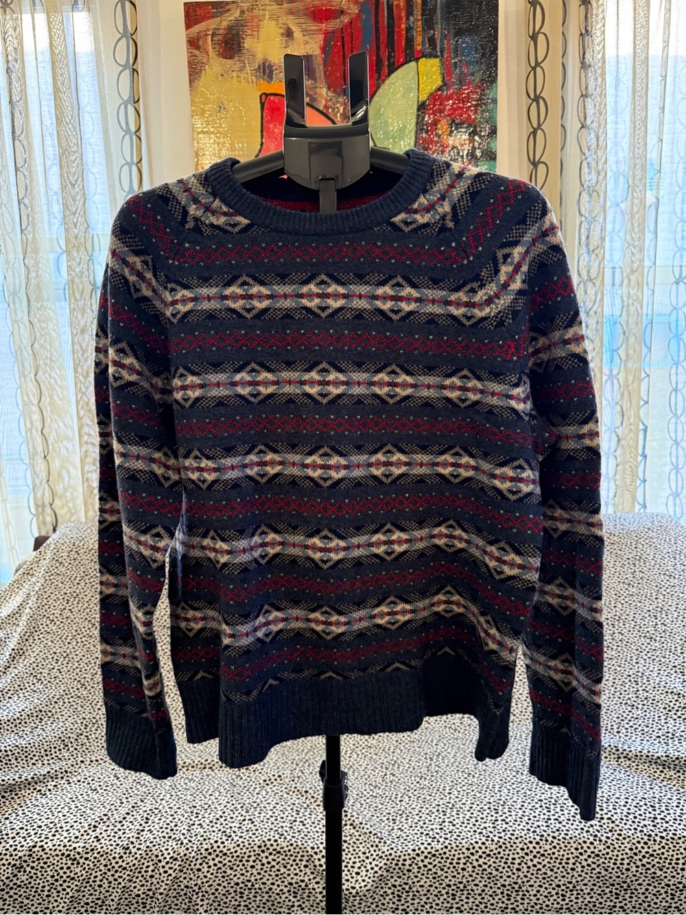 J. Crew Men's Navy 100% Lambswool Fair Isle Crewneck Sweater